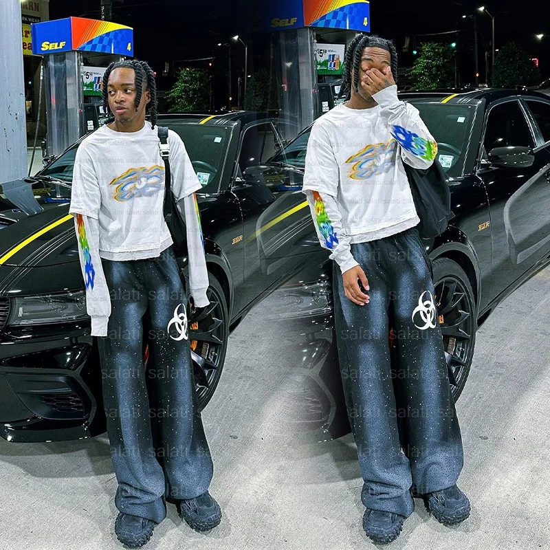 Custom Sun Faded Sweat Track Pant Fleece Thick Cotton Straight Leg Rhinestone Distressed Acid Wash Trousers Flare Sweatpants Men
