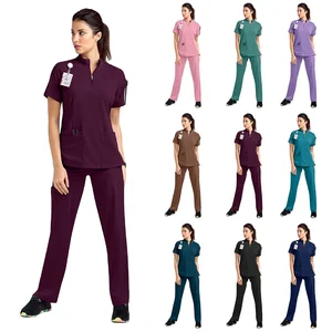 Summer Stand Collar Short Sleeve Zipper Surgical Hospital Beauty Salon Private Label Scrubs Uniforms Sets uniforme de enfermera