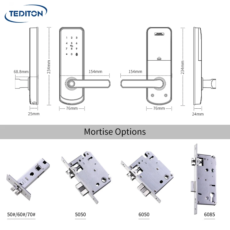 Tediton Digital Electric Fingerprint Handle Smart Door Lock With TTlock APP