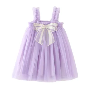 Customizable Floral Printed Sequined Bow and Sleeveless Girls Tulle Dresses for Summer
