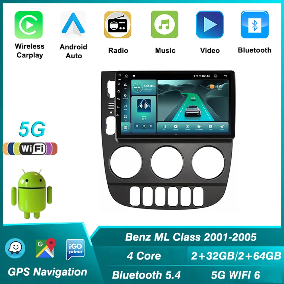 Android 15 Carplay 5G+2.4G WIFI Car Video Player  5.4 for Mercedes Benz ML350 M-Class W163 2001-2005 Navigation GPS