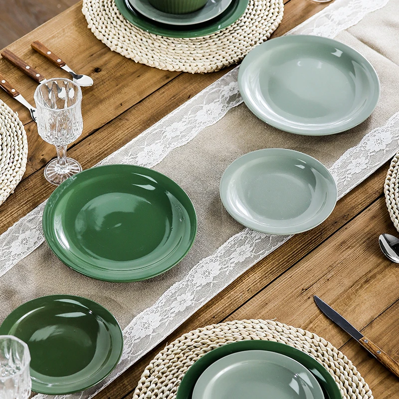 Nordic minimalist porcelain plate wedding green glossy glazed round plate ceramic dinner plate sets for restaurants