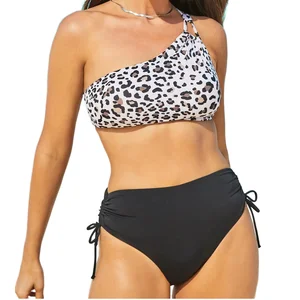 Custom One Shoulder Leopard Bikini Swimwear for Women 2025 Designer Collection Low MOQ One Piece Set with Front Logo