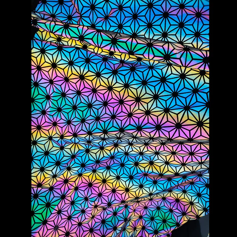 High Elastic 4 Way Stretch Breathable Iridescent rainbow Rhombic square Diamond Stylish Pattern Printing Retro Reflective Fabric