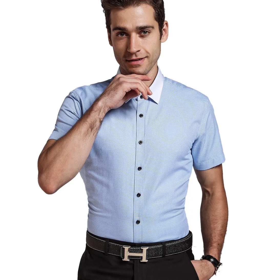 Men's Short Sleeve Summer Checks Plaids Collar Shirts Formal Dress Shirt Tops