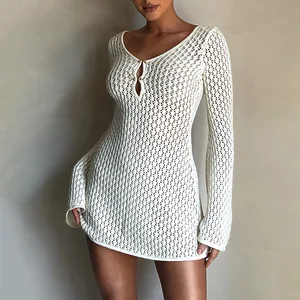 STOCK 5Colors Knitted Long Sleeve Women Dress Hollow Out Mini Dress Crochet Swimsuit Cover Ups S-L