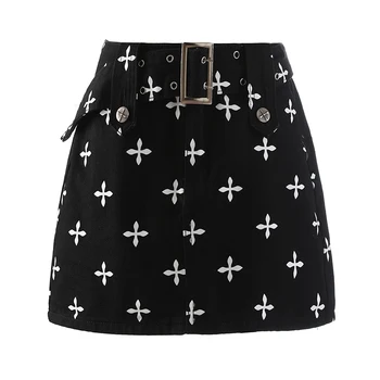 Pocket Belted Print Wrap Shorts and skirts Black Denim Mini skirts