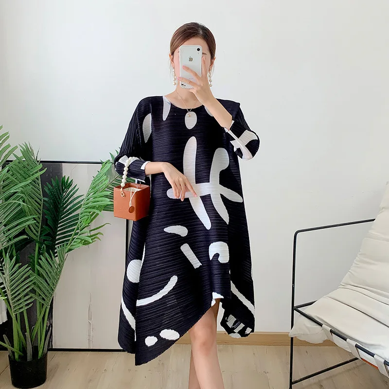 Fashion Printed Pleated Dress Female Irregular Loose Casual Vintage Natural  Miyake Plus Size Womens Clothing Personality Dresses