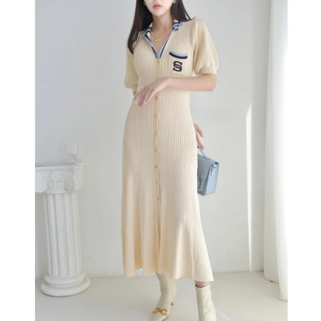 Winter 2023 New Knit Style Short Sleeve POLO Collar Knitwear Sweater Maxi Dresses Single Breasted Casual Knit Dress