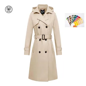 Women's Vintage Long Waterproof Trench Dress Double Breasted Classic Lapel Dress Belted with Detachable Hood