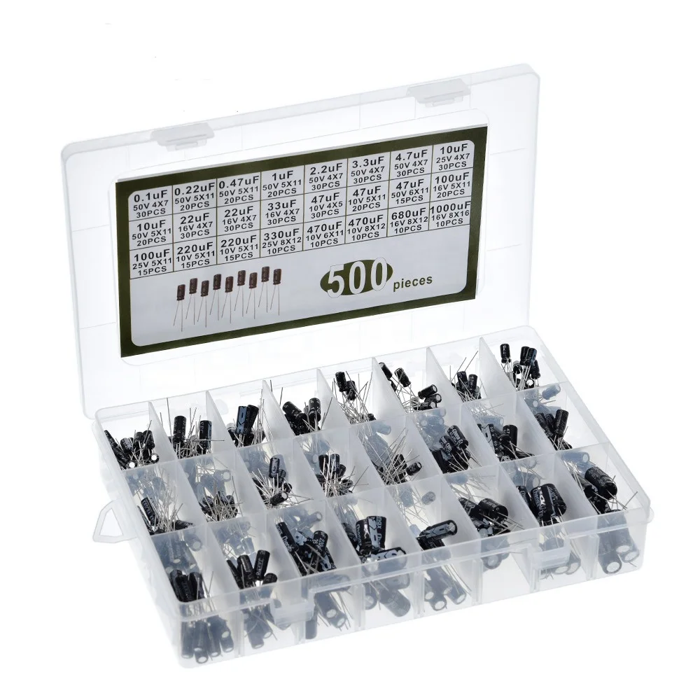 Electrolytic Capacitor General Purpose High Quality 500pcs 24 Values Aluminum Electrolytic Capacitor Assorted Kit 10V~50V 0.1uF to 1000uF