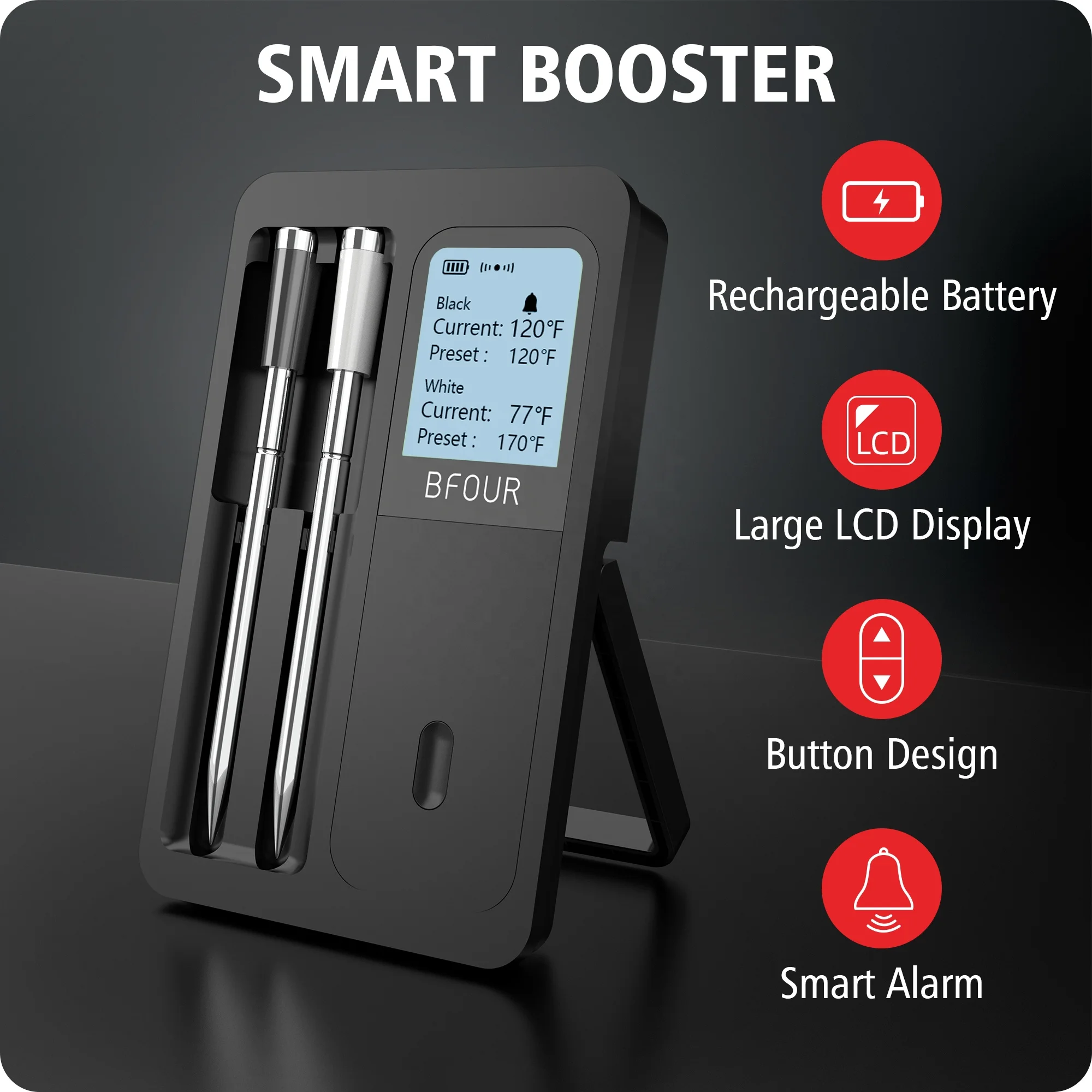 BFOUR 500FT Smart Digital Cooking  Wireless Meat Thermometer for BBQ Grill Oven with Bluetooth APP