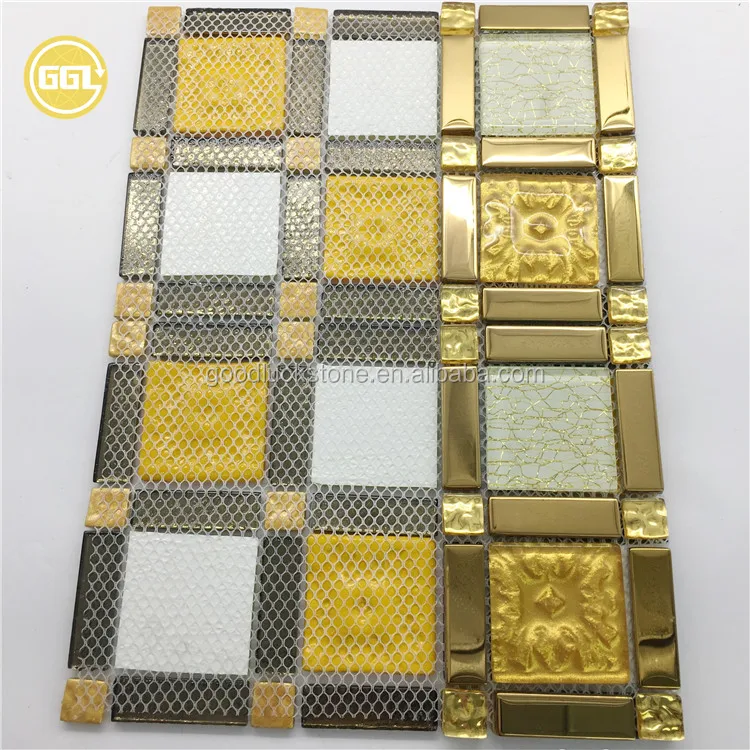 Shining Glass Mosaic Tile Mix Metal Strip Shaped Tile for Wall Decoration