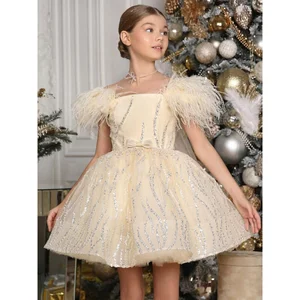 Flower Girls Dresses for Wedding Formal Ball Gown with Puffy Sleeves and Sequins Layering Mesh Yarn Birthday Outfits for Girls