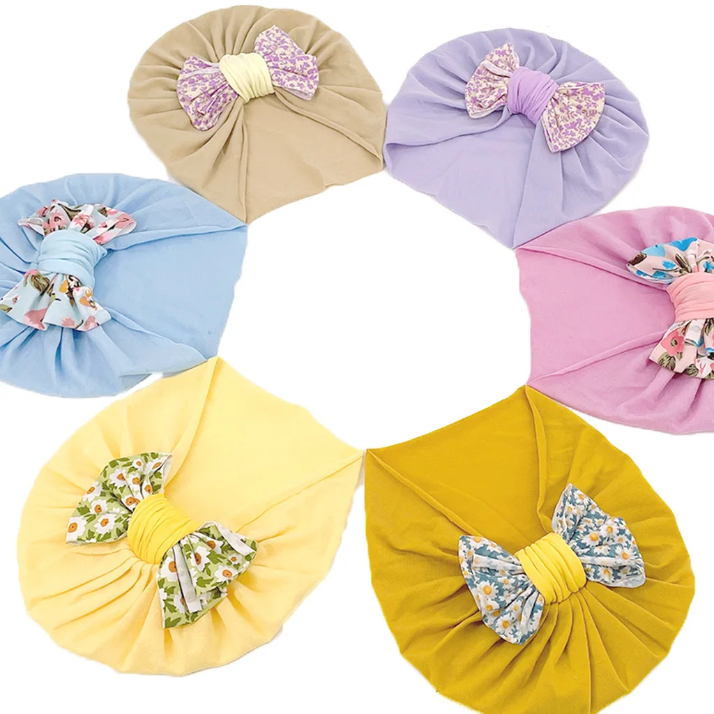 2022 European and American Style Spring Children Little Flower Bow Thin Hat Baby Soft Fabric Protect the Skin Knotted Hat