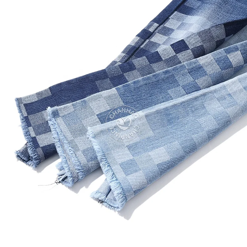 Gradient Grid Bottom of Towel Blue 80% Cotton Jacquard Denim Fabric for Jeans 10.5Oz High Quality Denim Fabric Wholesale