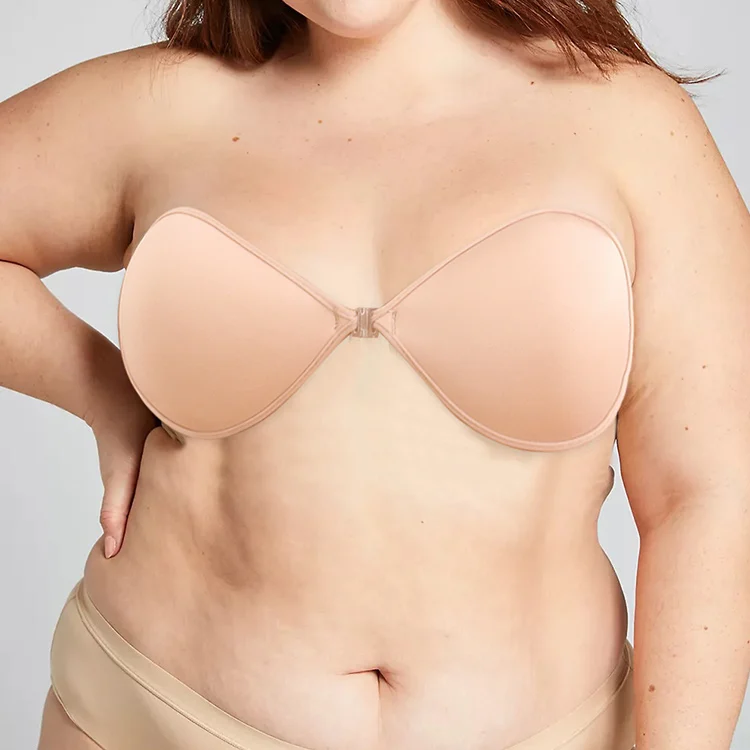 Texliney Soutien-Gorge Invisible sans Bretelles Dos Nu pour Femme, Lot de 2 Soutiens-Gorge Push-up Réutilisables Adhésif avec 4 Cache-tétons Invisibles Réutilisables en Silicone (Noir Beige, A