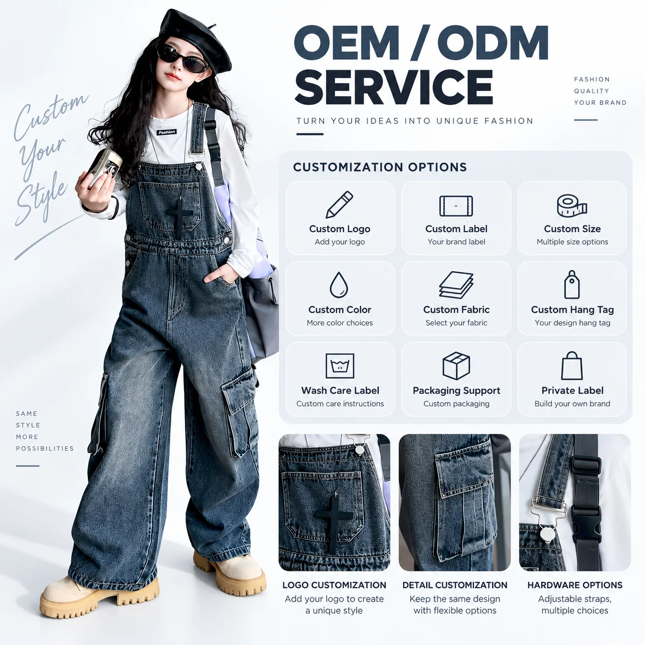 Fashion Korean-style Spring Autumn Girls' Loose Fit Wide Leg Denim Jeans Pants Detachable Overalls for Teen Girls