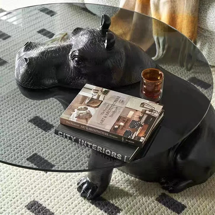 Modern Animal Coffee Table Round Statue Black Hippo Giant Rhino Sculpture Home Apartment Glass Coffee Table for Decor