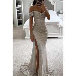 2026 Elegant Women's Sequined Ball Dress Sexy Slit Neck Long Maxi Dresses Off-shoulder Formal Evening Prom Wedding Gown