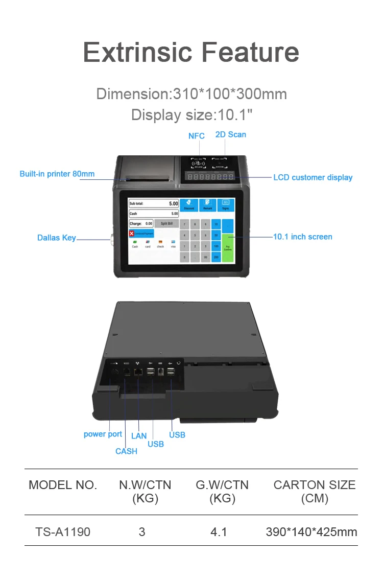 10,1 'Android 11 pos-планшет pos-система wifi NFC с 80 мм термопринтером