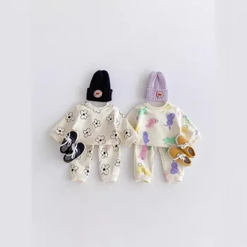 2025 Spring and Autumn Boys and Girls Clothing Set Infants Cartoon Round Neck Full Print Sweater Casual Two-piece Baby Suit