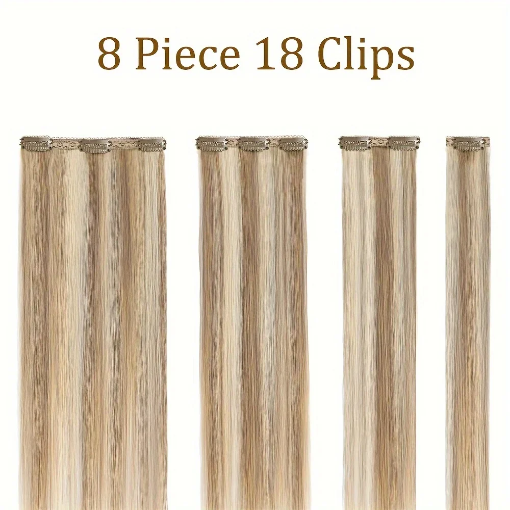 8 pezzi di extension per capelli umani Remy 100% lisci doppi 18 clip biondo chiaro mix testa piena ispessita morbida liscia_voghion.com