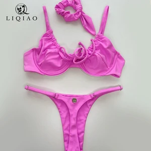 Hot Pink High Waist Bandeau 2-Piece Breathable Stretch Plus Size Swimwear Set with Scrunchie