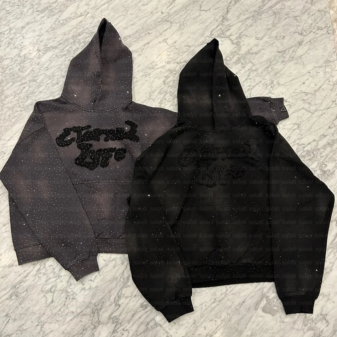 Custom Fleece 500 GSM Pull Over Faded Distressed Applique Embroidery Acid Wash Hoddies Sweatshirt Unisex Rhinestone Hoodies Mens