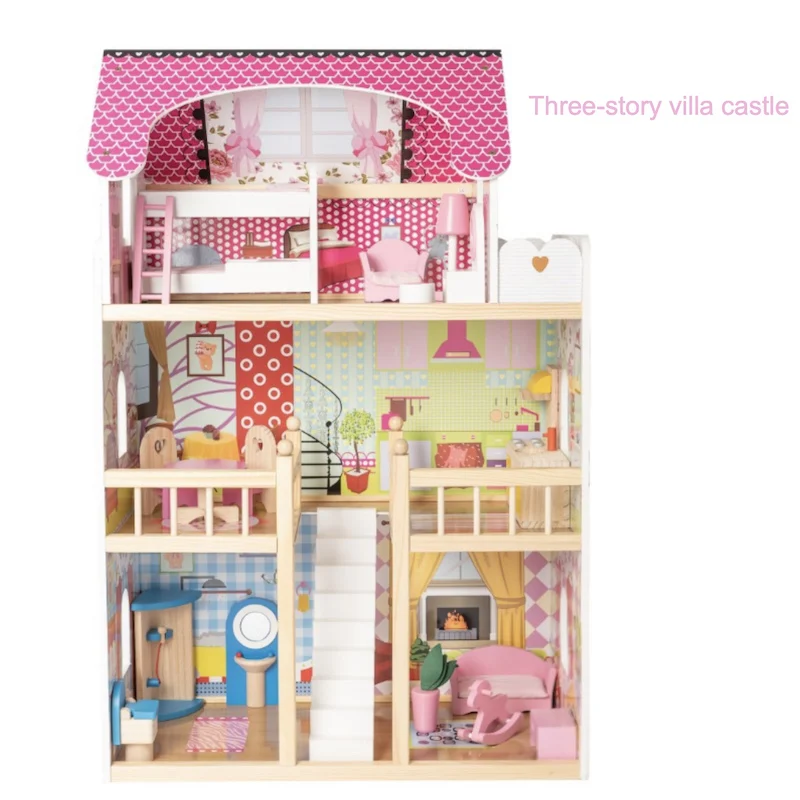 Pretend Toys Kids Wooden Doll House Castle With Doll Room Furniture 