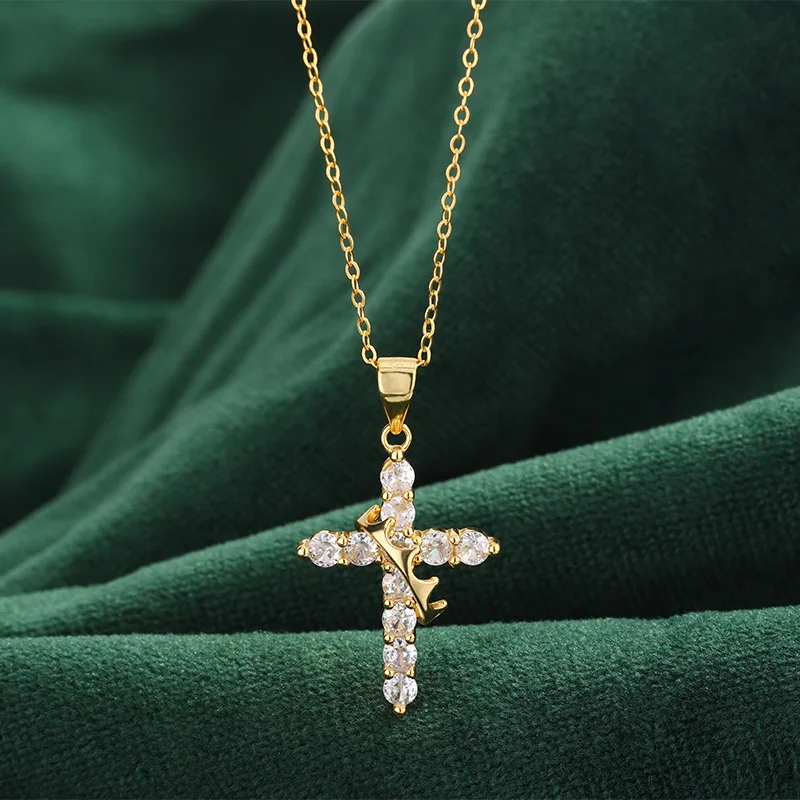 Rotating Dainty S925 Sterling Silver Cross Crown Pendant Charm Clavicle Chain Zircon Fine Jewelry Necklace for Women