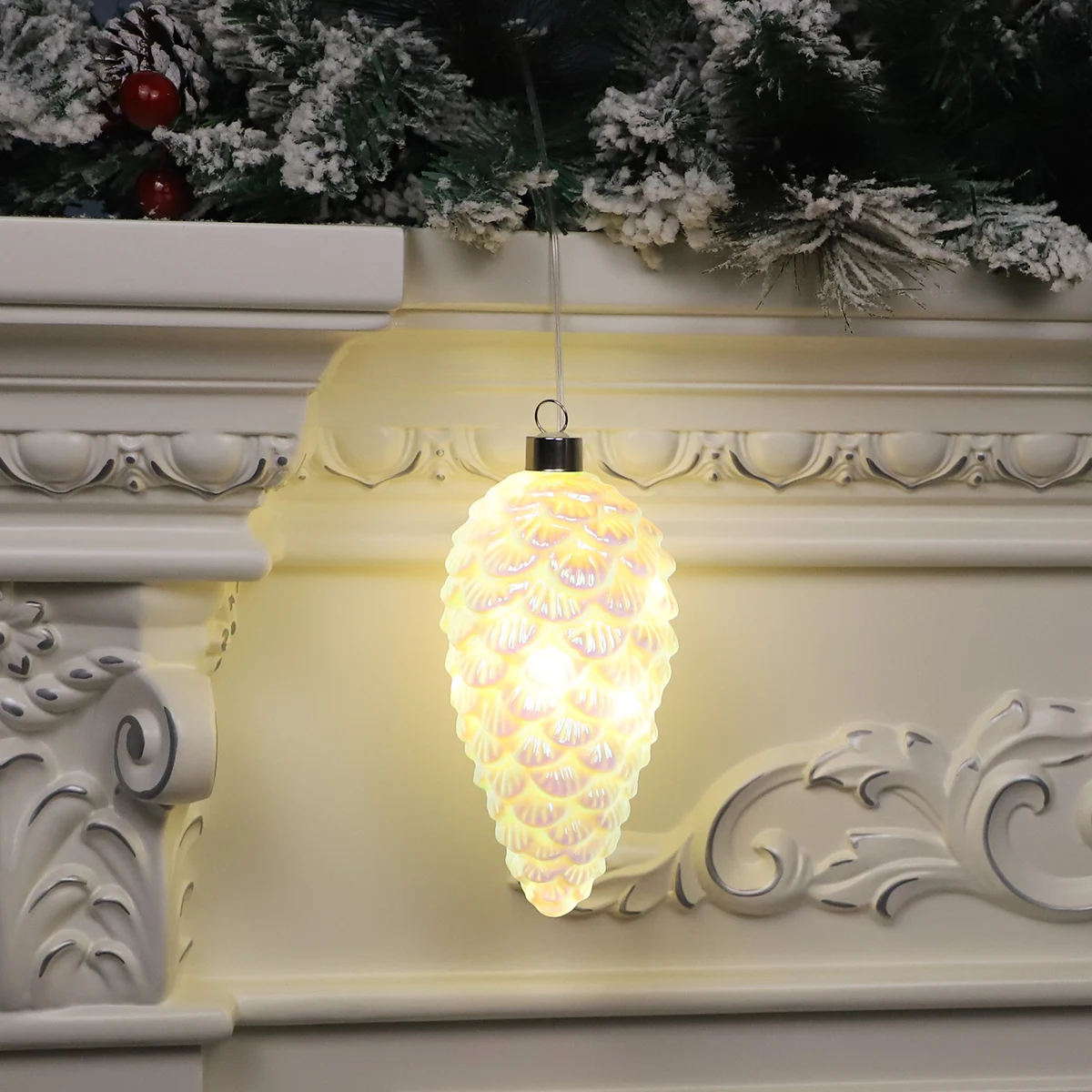 Christmas tree hanging glass ornament pearl white pine cone shape Christmas bauble for tree decoration details