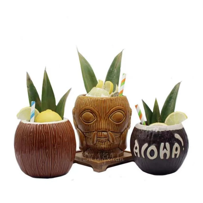 Vintage Style Tiki Mugs Good Quality Brown Ceramic Hand Painted Face Design 700ml Capacity Spoon for Coffee for Business Gifts