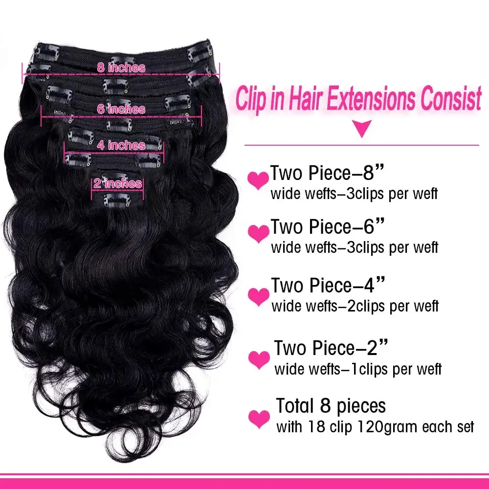 Body Wave Clip In extensões de cabelo humano 8 peças 120G cor natural 1B Remy cabelo humano para mulher_voghion.com