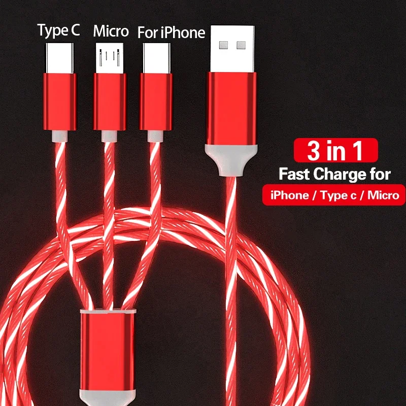 3 in 1 LED Phone Charger Cable TPE USB Type C Micro USB Glowing Charging Cord for Smartphone Tablet