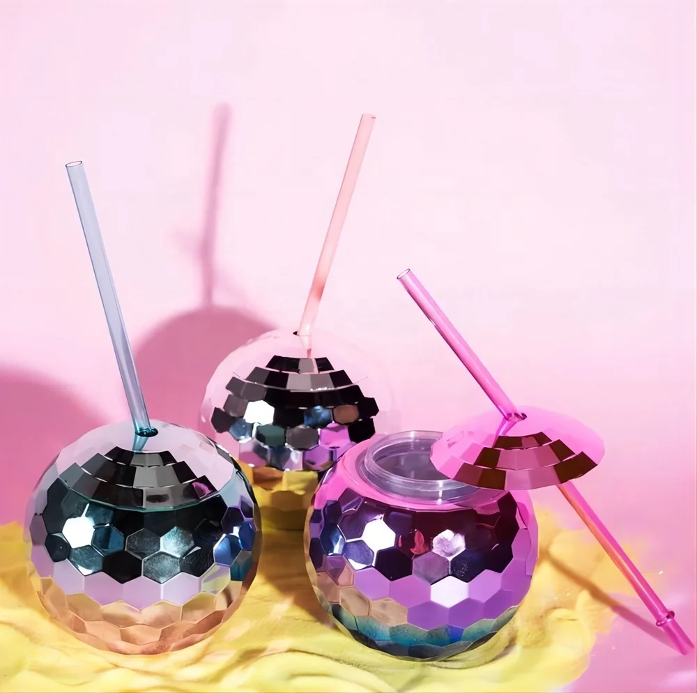 20oz Disco Party Cups With Lid And Reusable Straw Flash Ball Cocktail