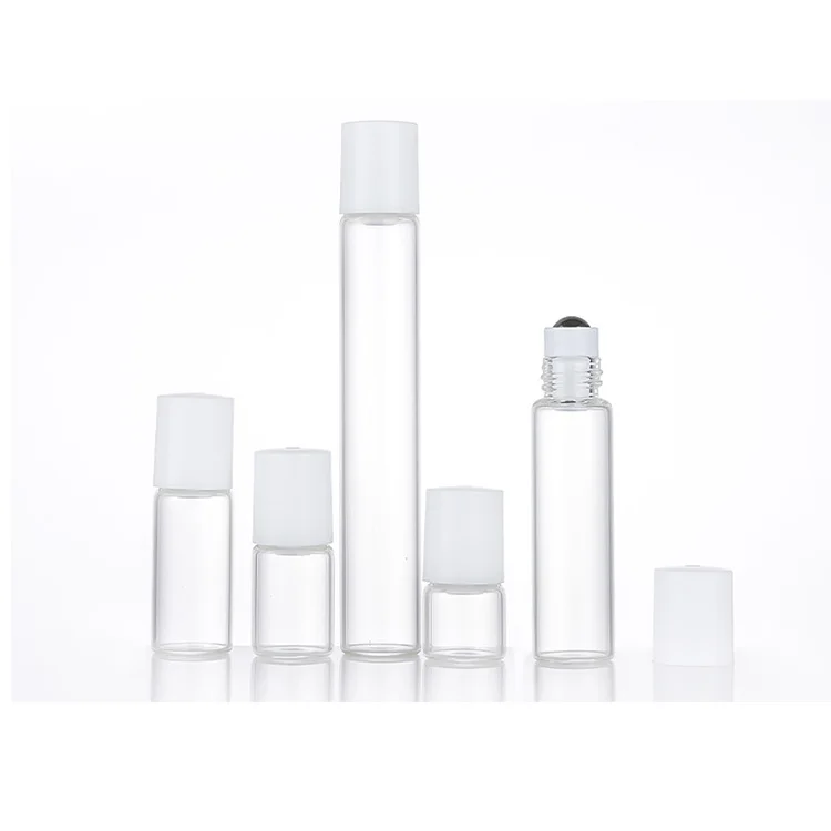 Wholesale Mini 1ml 2ml 3ml 5ml 10ml clear Roll on Glass Bottle White Lid Roller Perfume Essential Oil Bottle