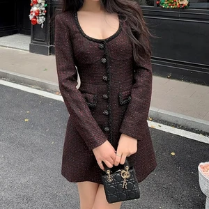 2025 Fashion Luxury New Winter Black Tea Beaded Sexy Party Evening Dress Round Neck Tweed Long Sleeve Short Elegant Women Dress