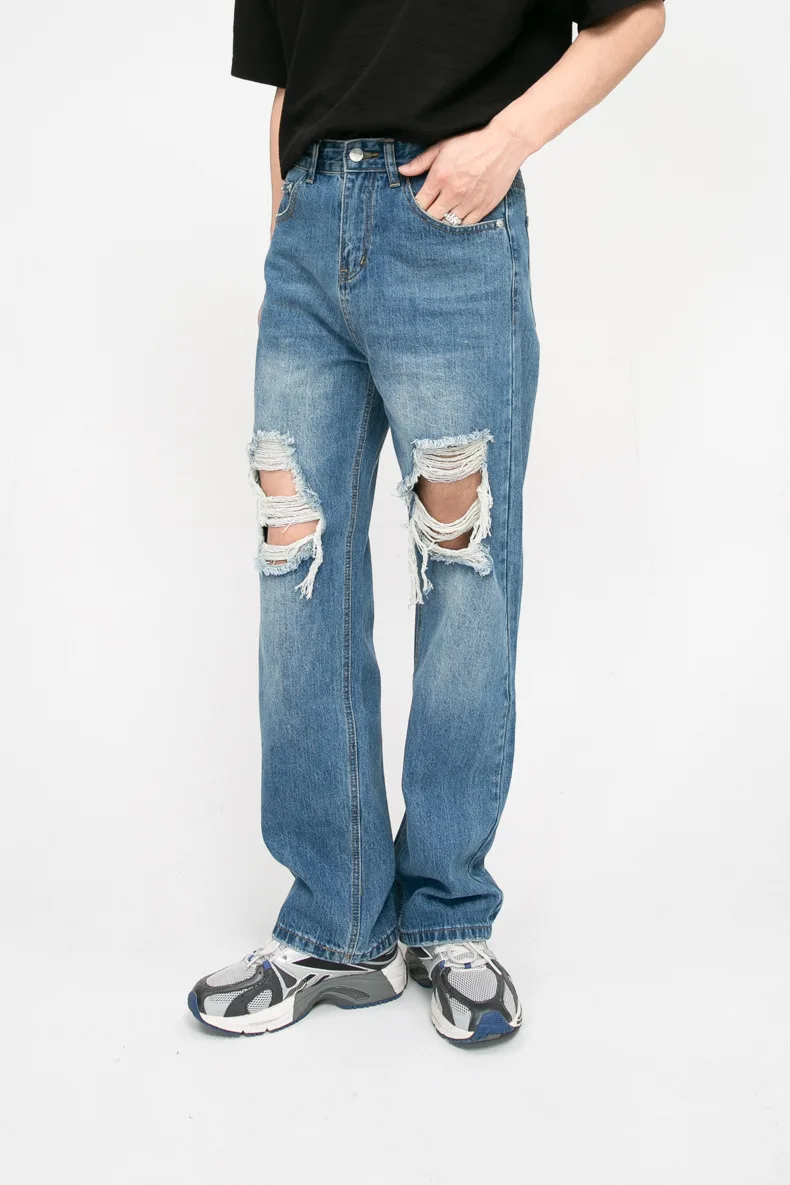 2024 Pantaloni rupți cu găuri la genunchi, design personalizat pentru bărbați, blugi distress de calitate albaștri_voghion.com