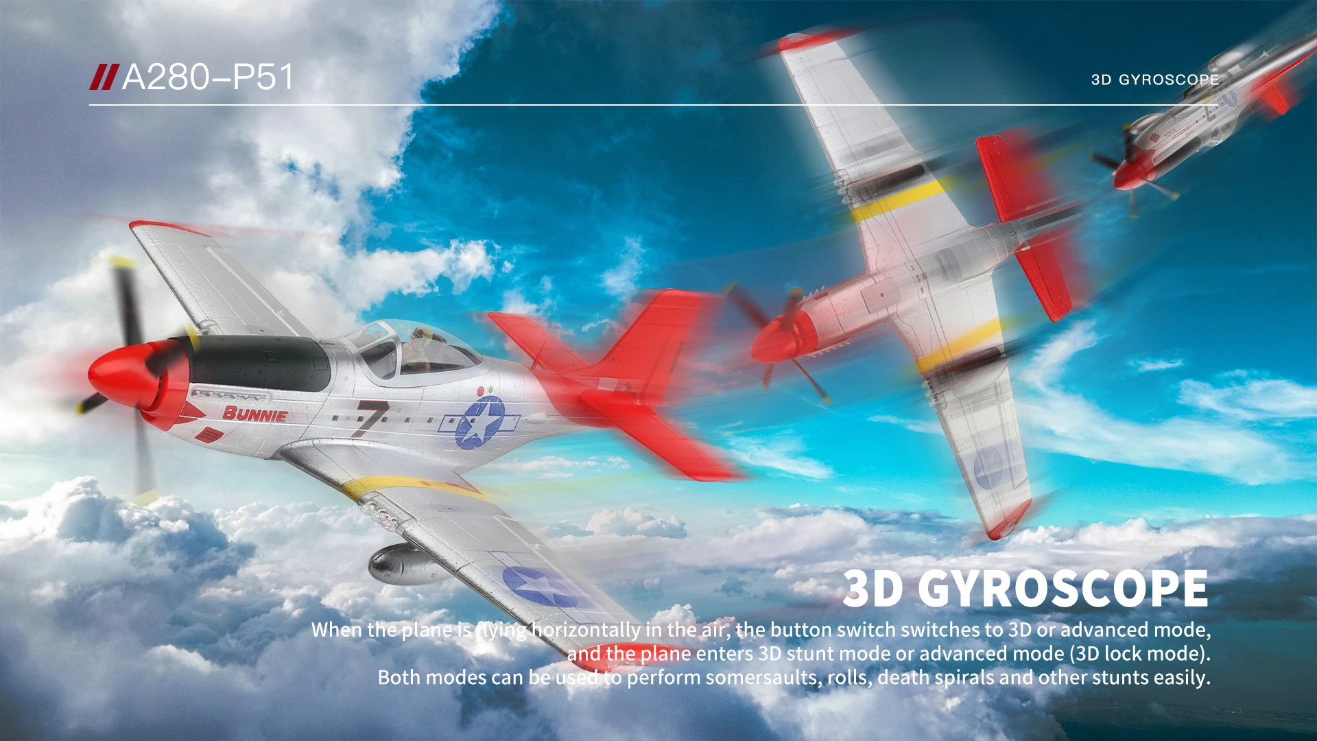 HOSHI WLtoys A280 RC Airplane P51 Fighter Simulator 2.4G 3D6G Mode Glider Fixed Wing with LED Light Radio Control Toys