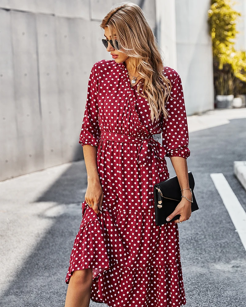 TRENDINAO 2019 New Polka Dots Button Dress Womens Casual Sleeveless V Neck with Pockets Boho Beach Elegant Maxi Dresses 