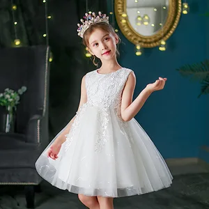 Lace Puffy Net Gauze Performance Girls Princess Dress Sleeveless Embroidered Flower Girl Evening Piano Performance Dress