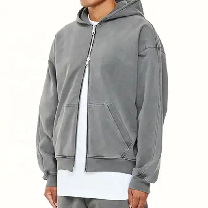 JL1214B French Terry Hoodie Washed Grey Hoodie High Quality Oversized Vintage Acid Wash Full Zip up Puff Printing Hoodie Men