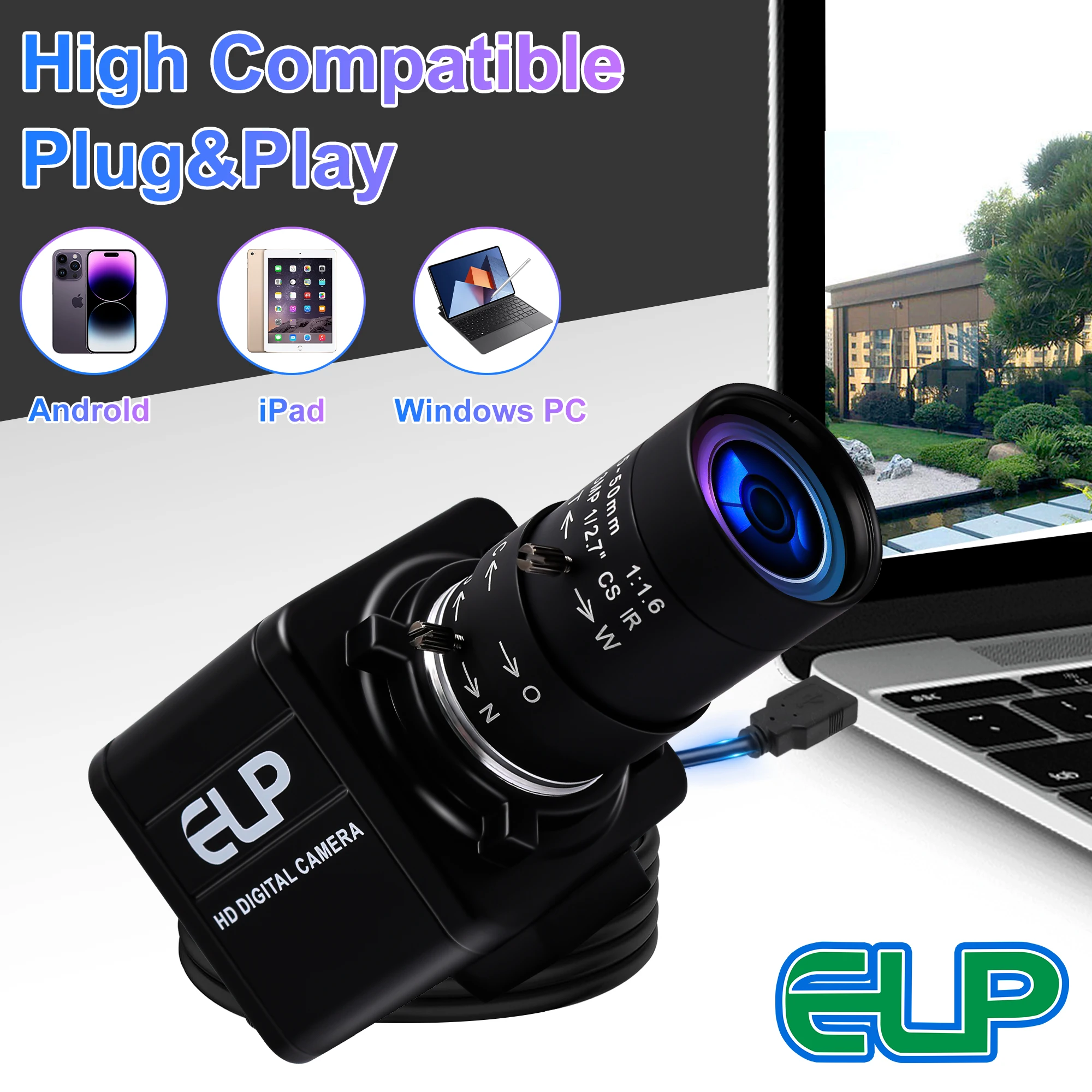 ELP 8MPカメラウェブカメラUSB IMX179 Ultra HD 5-50mm 10xズームUSB