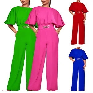 D3276 Ladies Wide Leg Jumpsuit Women Summer Fashion Round Neck Solid High Waist Large African Wide Leg Jumpsuit