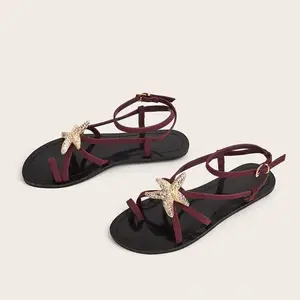 BUSY GIRL CXX171 Women's Burgundy Ankle Strap Sandals with Sparkling Starfish Decor Flat Ladies Sandals for Summer Beach