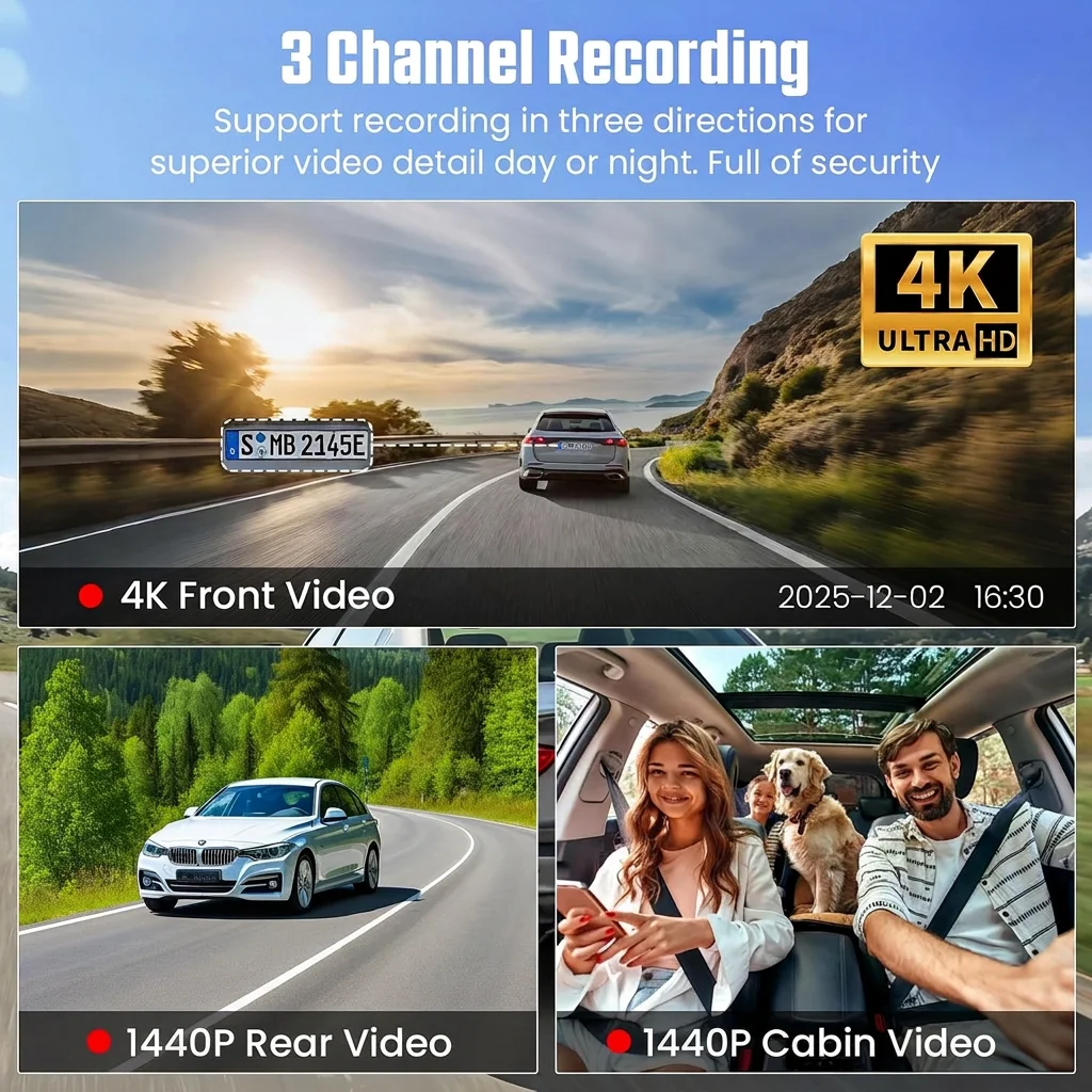 Ultra HD 3 Channels 4K+2K+2K Dash Cam 170° Wide Angle G-sensor Dash Camera for Card