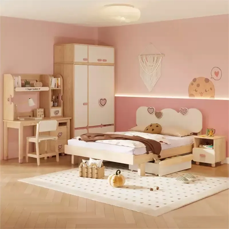 Simple Modern 1.5-Meter Princess Bed for Girls Solid Wood Children's Bedroom Furniture 1.2-Meter Single Park Living Room School