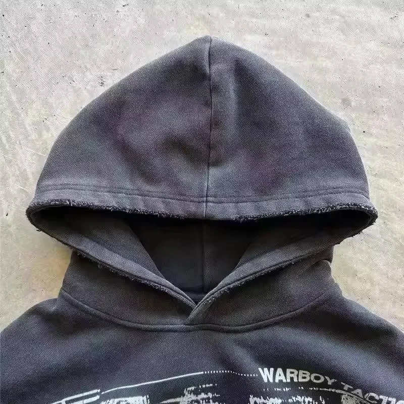 SALATI Custom Vendors for Hodiee Raw Hem DTG Printed Washed Vintage High Quality High Worn-out Boxy Cropped Blank Men Hoodie gallery 4
