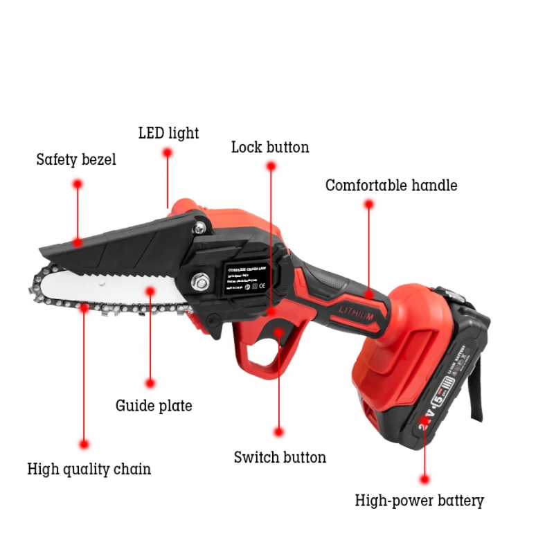 Mini Industrial 21V Cordless Electric Chainsaw with 4-inch Guide Bar for Woodworking and Garden Use